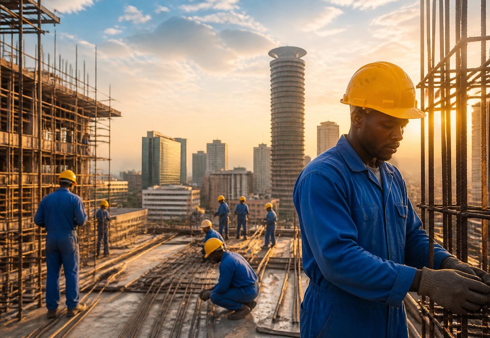 Construction team working on a building site in Nairobi, Kenya